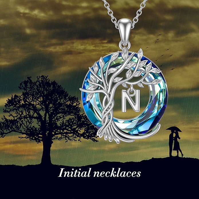 TOUPOP Gifts for Women Tree of Life Necklace 925 Sterling Silver Initial Pendant Family Tree Crystal Jewelry Valentine's Day Birthday Gifts for Her Mom Wife Girlfriend Daughter