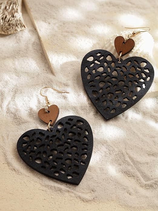 MINACHI Bohemian Hollow Cut-Out Wood Leather Dangle Drop Earrings, Boho Chic Hippie Statement Jewelry Gift for Women