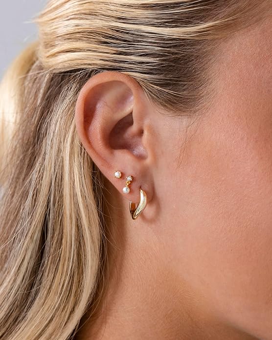 PAVOI 14K Gold Plated 925 Sterling Silver Posts Mini Stud Flat Back Earrings for Women | Helix Cartilage Piercing Jewelry | Dainty Pearl Star Cluster Cubic Zirconia Lotus Climber Screw Backs