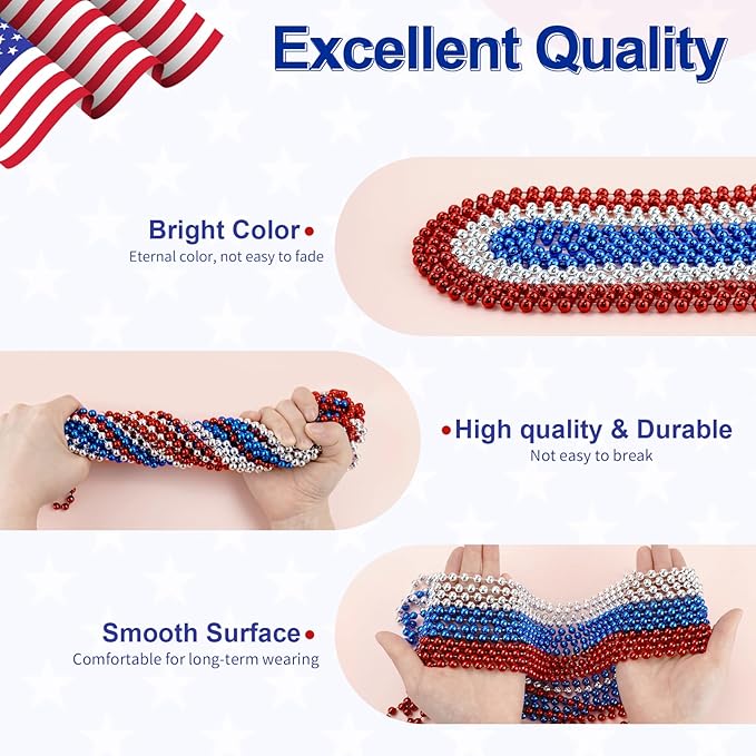 ZYFLSQ 100PCS 4th of July Bead Necklace, 33" 7mm Independence Day Bead Necklaces Bulk, Metallic Beaded Necklaces, 4th of July Accessories for Patriotic Parade Party Favors Decorations(Red/Silver/Blue)