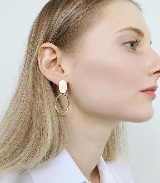 OZEL Gold Dangle Earrings for Women Brushed Finish, Matte Gold Statement Jewelry, 14k Gold Plated