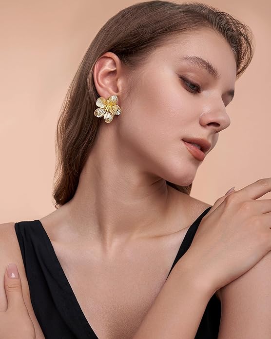 18K Gold Plated Large Chunky Flower Statement Earrings for Women by SNGIA, Summer Beach Floral Handmade Drop Jewelry, Maximalist Wedding Date Birthday Gift, Bold Exaggerated Textured Dangle Trendy Ribbed Jewelry, 18K Gold Plated Chandelier Fashion Acce...