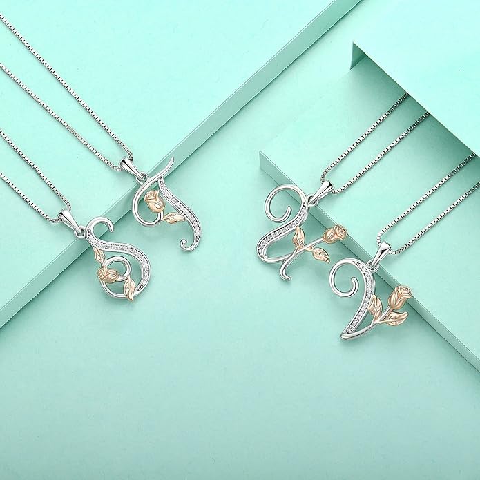 STARCHENIE Initial Necklace for Women Sterling Silver Letters 26 Alphabet Pendant Rose Flower Jewelry Gifts for Family Sisters Friend