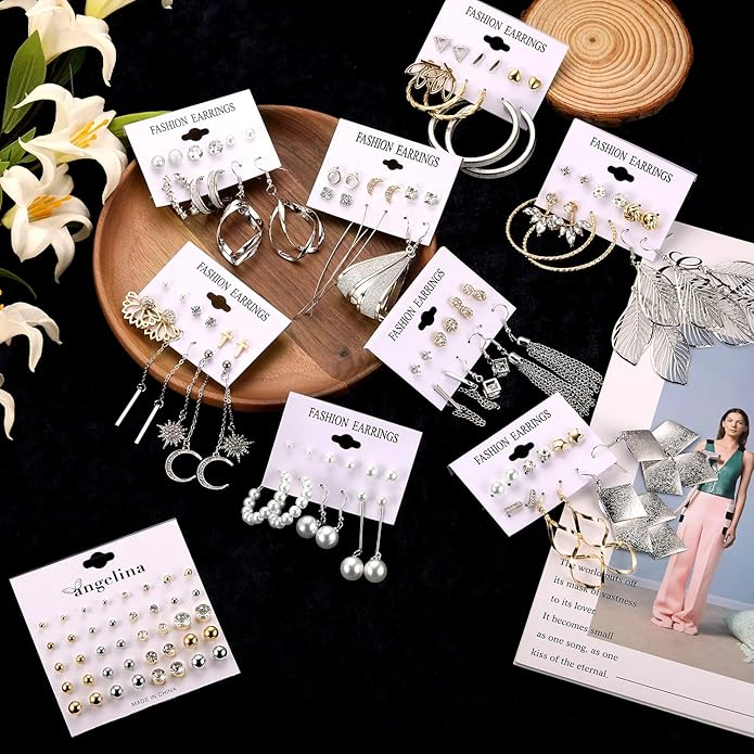 Earrings for Women, Funtopia 68 Pairs Drop Dangle Earrings, Fashion Statement Stud Earrings Pearl Earrings Set for Party Jewelry(Gold and Silver)
