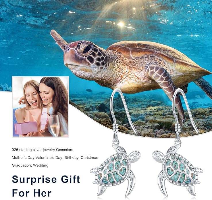 Ocean Earrings 925 Sterling Silver Turquoise Sea Animal Dangle Drop Earrings Beach Themed Jewelry Gifts for Women Girls
