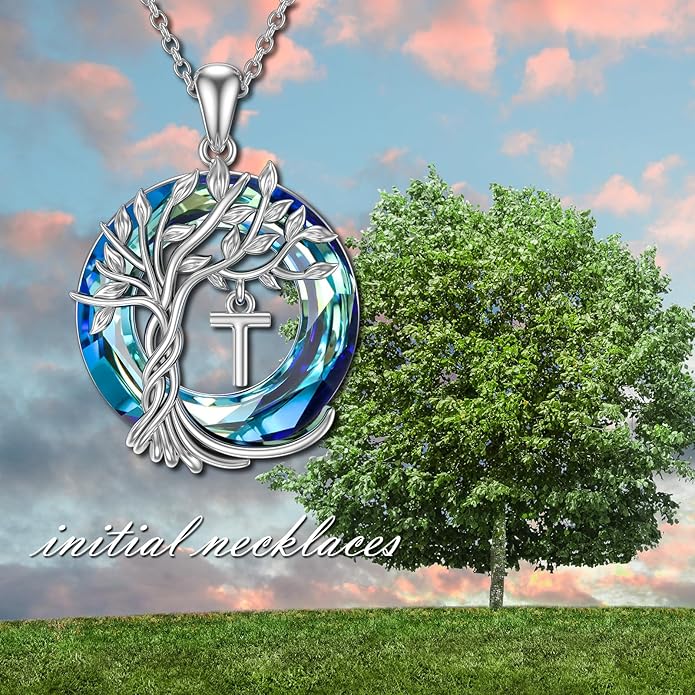TOUPOP Gifts for Women Tree of Life Necklace 925 Sterling Silver Initial Pendant Family Tree Crystal Jewelry Valentine's Day Birthday Gifts for Her Mom Wife Girlfriend Daughter