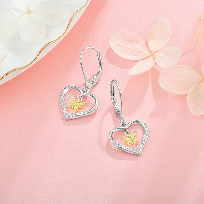 Butterfly Birthstone Heart Dangle Drop Earrings, 925 Strlings Silver 5A Cubic Zircon Leverback Earrings Jewelry Anniversary Birthday Gifts for Women