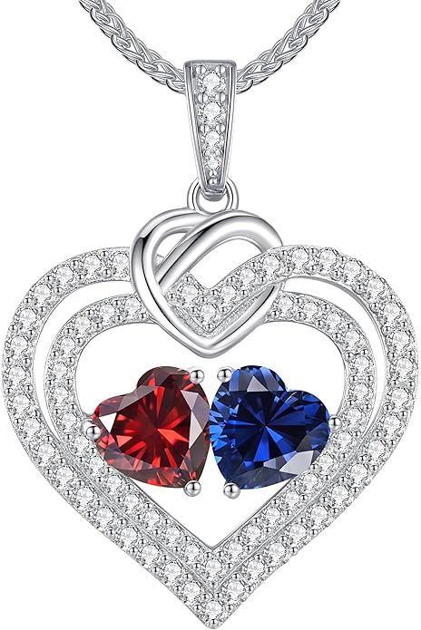 LOUISA SECRET Sparkling Double Heart Birthstone Necklaces for Women, 925 Sterling Silver Fine Jewelry, Pendant Heart Necklaces Birthday Anniversary Christmas Gift for Women Wife Mom Girlfriend Lady