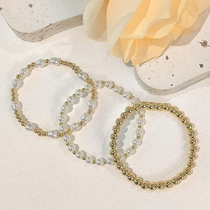 Zeffy Gold Pearl Beaded Bracelet for Women, 14K Gold Plated Jewelry Set With Paperclip Link Chain, Trendy Stack Bracelets