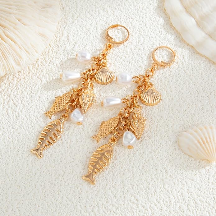 Gold Starfish Shell Earrings for Women with Pearl Beach Seashell Earrings Dangle Summer Vacation Earring for Women Beach Jewelry