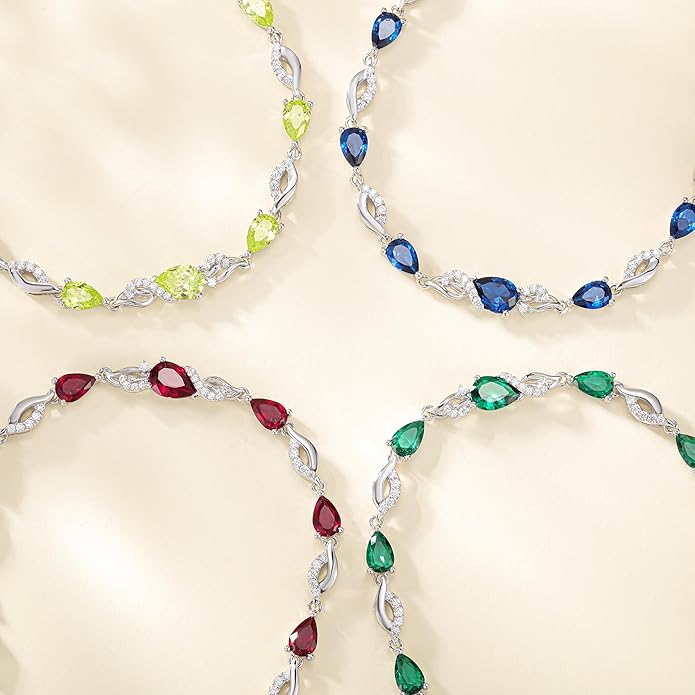 FANCIME Birthstone Teardrop Tennis Bracelet for Women, Sterling Silver 9x7mm main Gemstone Bolo Adjustable Chain Bracelet Fine Jewelry Birthday Gifts for Women Mom Wife Her