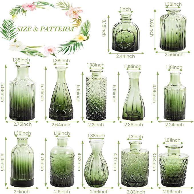 UPBUD Green Glass Bud Vases Set of 12, Mini Flower Vase - Image 5