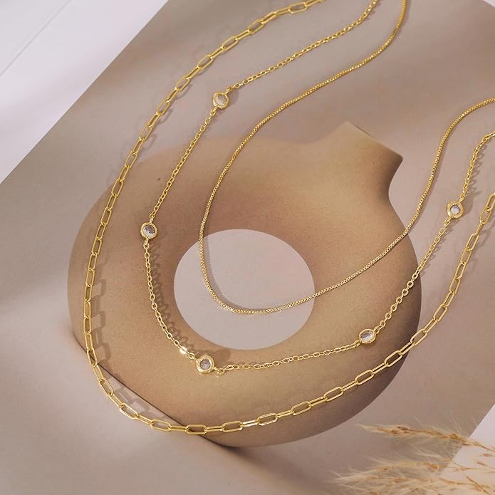 Layered Necklaces for Women, Dainty Gold Necklace Stack 14k Gold Plated Layering Cubic Zirconia Choker Necklaces for Women Trendy Simple Layered Gold Necklace Set Fashion Jewelry