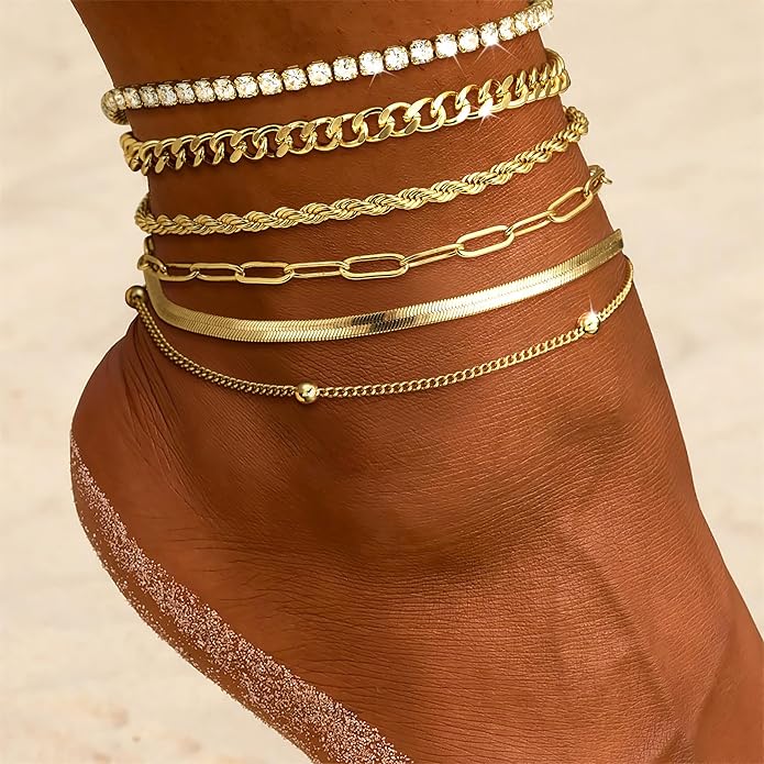 DEARMAY Dainty 14K Gold Plated Ankle Bracelets for Women, Waterproof 14K Gold Plated Link Chain Anklets Non Tarnish Set Pack Summer Beach Jewelry Gift
