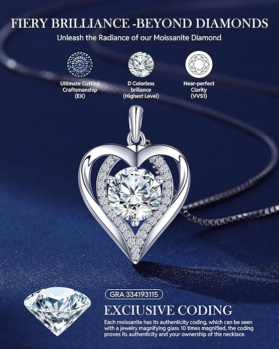 Moissanite Necklace for Women, 1-3 Carat Heart Necklace Engraved with 'I LOVE YOU' Gift for Wife, Anniversary Birthday Christmas Valentine Engagements Mothers Day Jewelry for Wife Her Girlfriend Mom Daughter