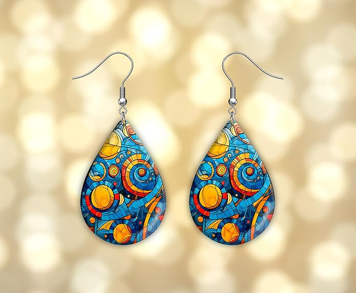 Teardrop Wood Earrings Light Weight Printed Image Dangle Jewelry, Fun and Funky Earrings