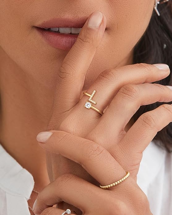 Valentines Day Gifts Gold Silver Initial Rings for Women Non Tarnish Dainty 14k Gold Plated Stackable Rings for Women Trendy Adjustable Letter Cubic Zirconia Pinky Ring Cute Open Birthday Gift Jewelry