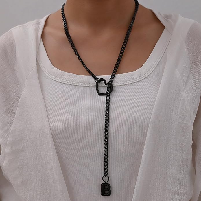 Black Heart Slip Chain Initial Necklaces for Women,Stainless Steel O-Ring Adjustable Lariat Heart Y-Necklace,Punk Gothic Cuban Collar Choker Necklace for women