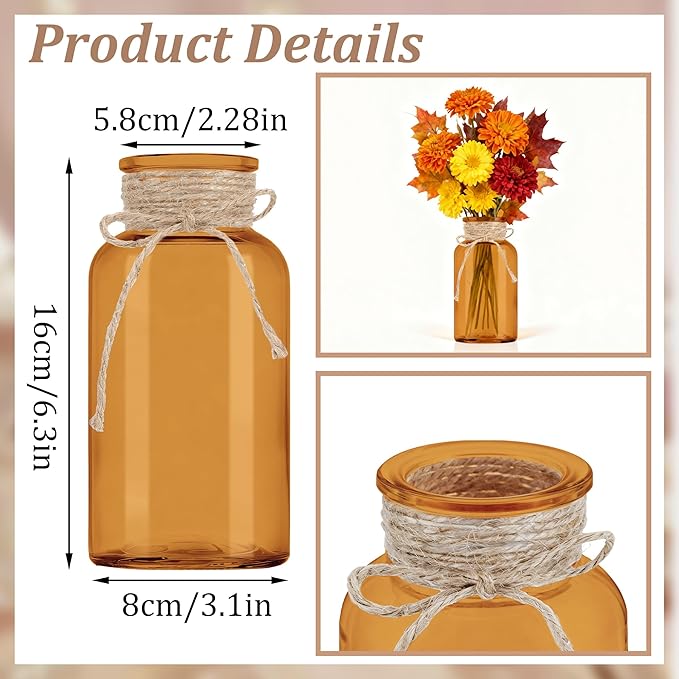 6 Pack Mason Jar Vases for Centerpieces, Amber Glass Flower Vase | Vintage - Image 2