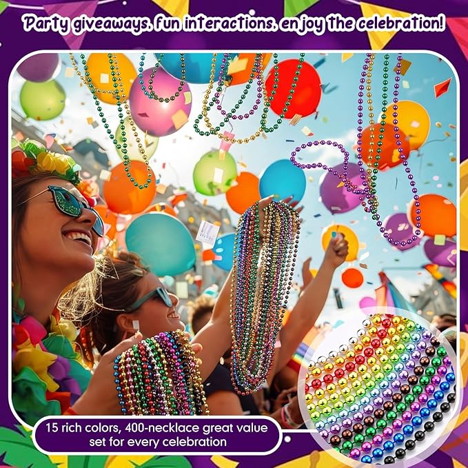 Ecally 600 Pcs Mardi Gras Beads Necklaces Bulk 15 Metallic Colors 33 5mm Party Necklaces Colorful Carnival Parade Beads for Party Favors Costume Accessories Festival Decorations for Men Women