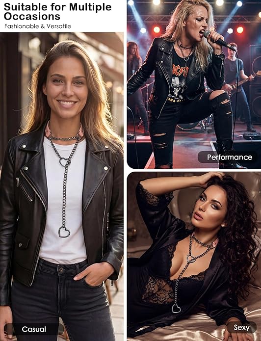 FEOYA Black Leather Heart Choker Necklace for Women Punk Gothic O-Ring Slip Chain Collar with Adjustable Buckle
