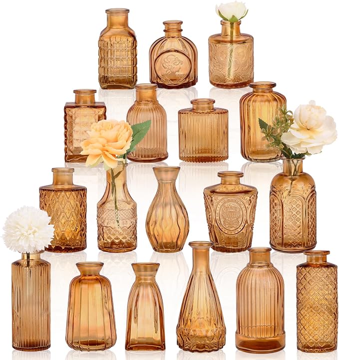 18pcs Amber Glass Bud Vase Set, Decorative Flower Vases by Fixwal