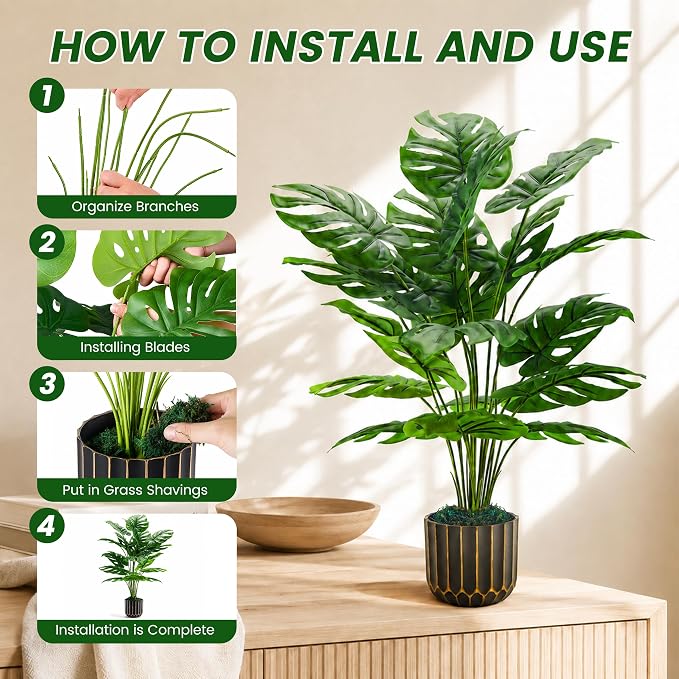 Der Rose 28" Fake Plants, Monstera Plant in Black Gold Pot - Image 4