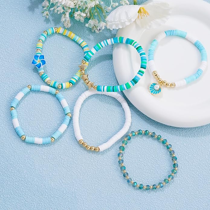 Heishi Beaded Stretch Bracelets for Women Stackable Polymer Clay Beads Bracelets Friendship Boho Summer Beach Bracelet Jewelry Set