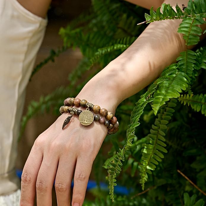 Bivei Natural Semi Precious Gemstone beads bracelet for women - Life Tree and Leaf Charm Energy Reiki Crystal Stretch Bracelets