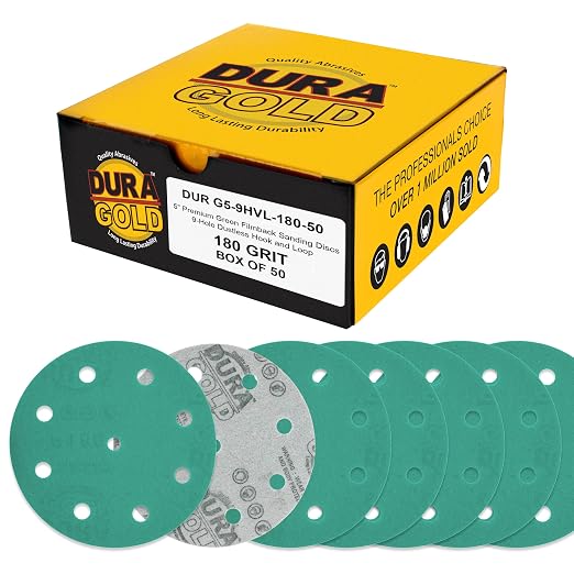 Dura-Gold Premium 180 Grit 5" Green Film Sanding Discs, 9-Hole Pattern by Dura-Gold