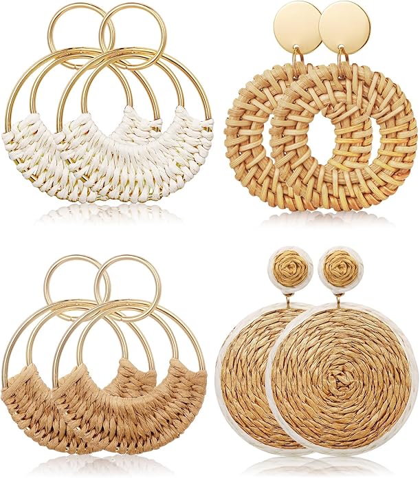 4 Pairs Handmade Raffia Rattan Bohemian Round Drop Dangle Earrings for Women, Boho Statement Cute Fun Hoop Earrings Set