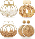 4 Pairs Handmade Raffia Rattan Bohemian Round Drop Dangle Earrings for Women, Boho Statement Cute Fun Hoop Earrings Set