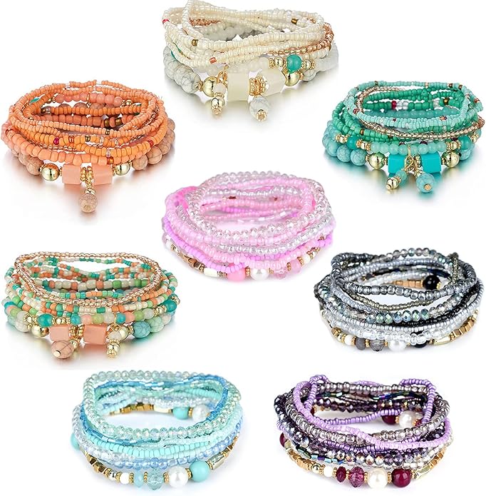 8 Sets Bohemian Stackable Bead Bracelets for Women Bohemian Bracelets Stretch Multi Layered beads Bracelet Set Boho Multicolor Jewelry
