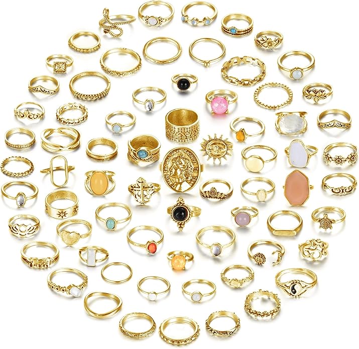 Subiceto 70 Pcs Vintage Crystal Ring Set Knuckle Rings for Women Bohemian Stackable Joint Rings Retro Boho Stacking Joint Finger Rings Pack