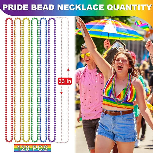 120 PCS Pride Beads Necklace, 33" Rainbow Bead Necklaces Bulk, Plastic LGBT Beads Necklace Metallic Pride Stuff Pride Month Parade Costume Accessories 6 Colors Gay Lesbian Party Supplies