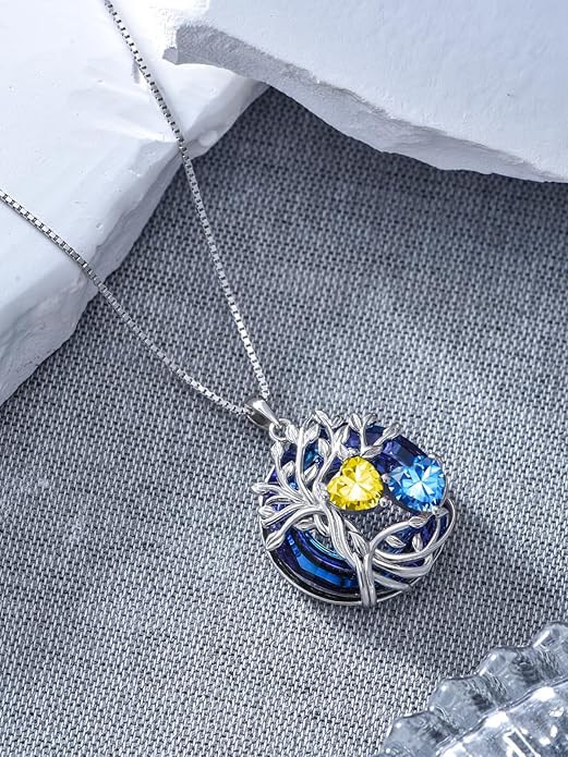 TOUPOP s925 Sterling Silver Family Celtic Tree of Life Pendant Necklaces with 2 Heart Birthstone with Blue Austrian Crystal Jewelry Birthday Valentines Day Gifts for Her, Anniversary Christmas Gifts for Wife Girlfriend Mom (18K Real White Gold Filled)