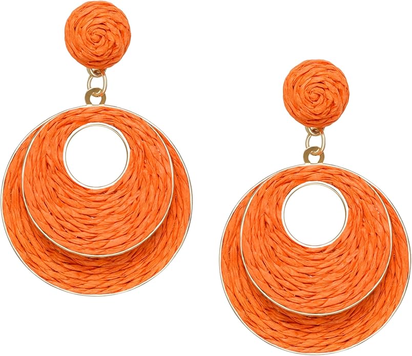 Raffia Hoop Earrings for Women - Boho Straw Wiker Dangle Drop Earrings for Summer Beach, Bohemian Trendy Rattan Jewelry