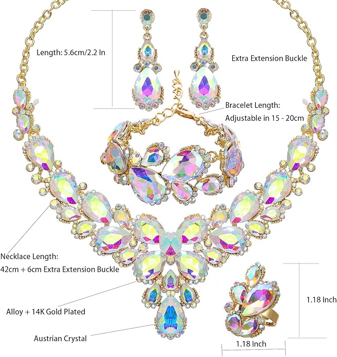 Women's Wedding Bridal Austrian Crystal Glass Teardrop Statement Necklace Dangle Earrings Bracelet Ring Wedding Party Jewelry Set for Bridal Bridesmaid