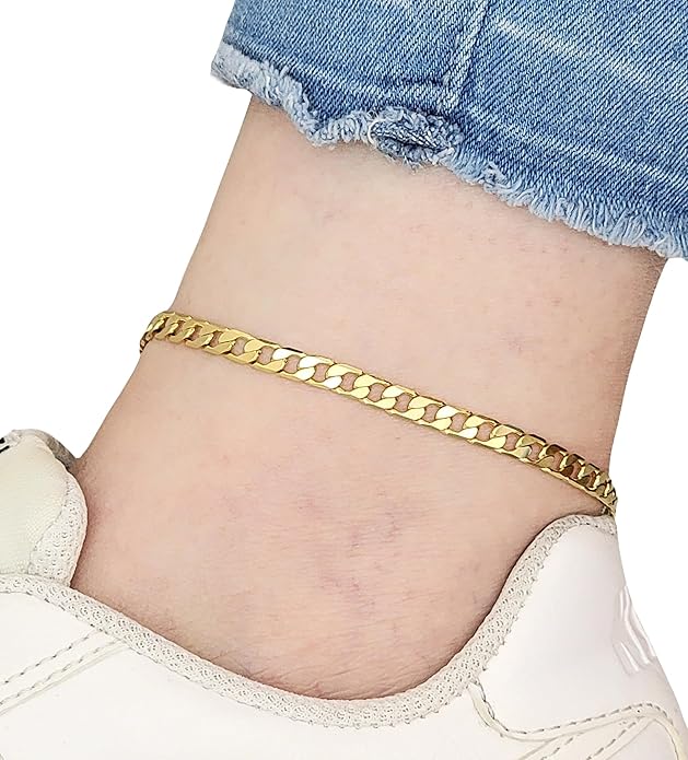 Gold Electroplated Anklet for Women, 9-12 Inch Sizes, Figaro, Cuban, Mariner, Herringbone Design - Made in Korea
