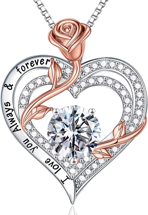 MOOSEA Valentines Day Gifts for Her - 925 Sterling Silver Rose Heart Moissanite Necklace, 1-3 ct VVS1 Clarity Lab Created Moissanite Anniversary Birthday Gifts for Mom Wife Girlfriend Jewelry Gift