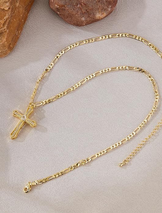14K Gold Plated Cross Necklace for Women, Cubic Zirconia Copper Cross Pendant, Valentine's Mother's Day Gifts for Her with Jewelry Box Figaro Link Chain, Alloy Brass CZ Diamond Bridal Wedding