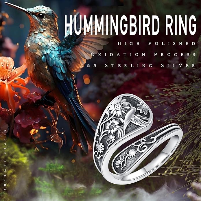 Spoon Ring for Women 925 Sterling Silver Hummingbird Ring Vintage Antique Spoon Rings Hummingbird Jewelry Adjustable Rings for Women