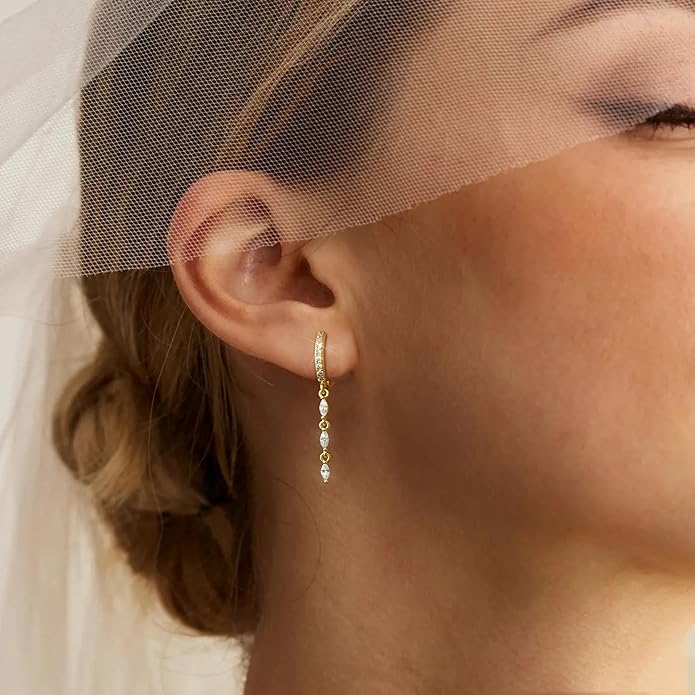 14K Gold Plated Dangle Earrings for Women Dainty Silver Drop Earring Trendy Small Long Dangling Wedding Bridesmaid Hoop Diamond Crystal Cute Earring Jewelry Valentine Gifts