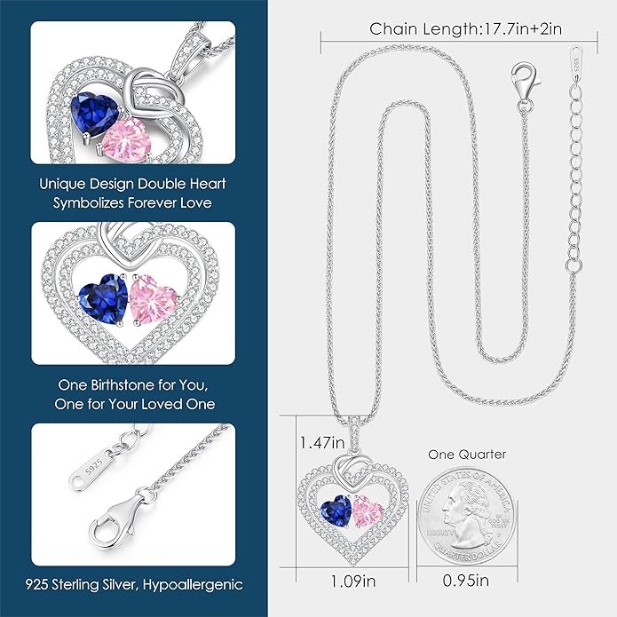 LOUISA SECRET Sparkling Double Heart Birthstone Necklaces for Women, 925 Sterling Silver Fine Jewelry, Pendant Heart Necklaces Birthday Anniversary Christmas Gift for Women Wife Mom Girlfriend Lady