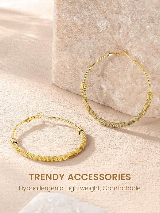KeyStyle Mesh Hoop Earrings for Women, Stainless Steel Gold Hoops Earring Lightweight Loops, 2MM Thick Hypoallergenic Circle Endless Hollow Hoop 20mm-80mm