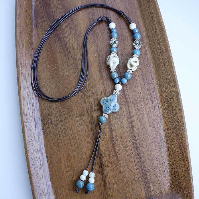 Boho Style Colorful Ceramic Bead Strand Necklace Adjustable Bohemian Jewelry Gift for Women, Fashion Clothing Matching Necklace