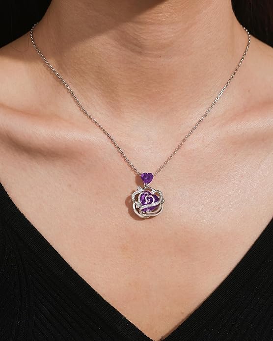 FANCIME Thornless Pulse Heart Birthstone Necklace for Women Sterling Silver Rose Pendant Fine Jewelry Gemstone Birthday Valentines Day Gifts for Wife Her