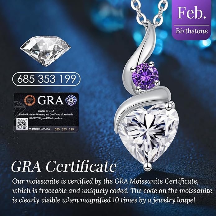 ANDSO Valentine's Day Gift Moissanite Heart Pendant Necklaces for Women, 925 Sterling Silver Necklace with Birthstone, Ideal Anniversary Present or Birthday Jewelry Gifts for Mom Wife Her Girlfriend