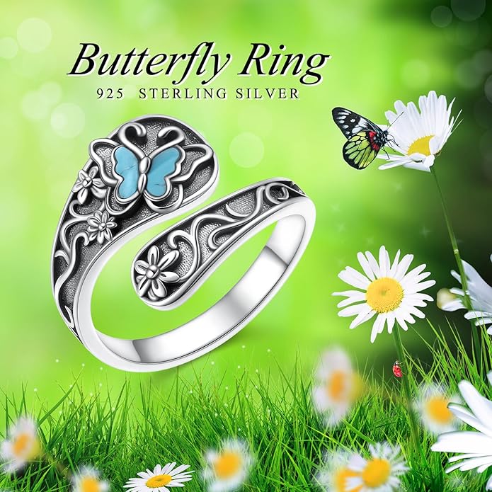 Hamsa Hand of Fatima Lotus Evil Eye/Love Heart/Butterfly/Rose Spoon Adjustable Open Rings 925 Sterling Silver Statement Ring Jewelry Gifts for Women