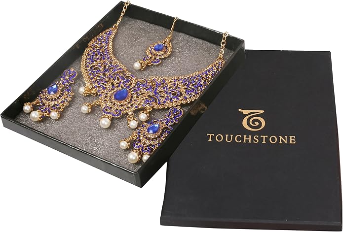 Touchstone Indian jewelry sets for women tikka wedding necklace costume guest statement bollywood rhinestones crystal faux pearls gold big royal neck piece set bridal fashion accessories